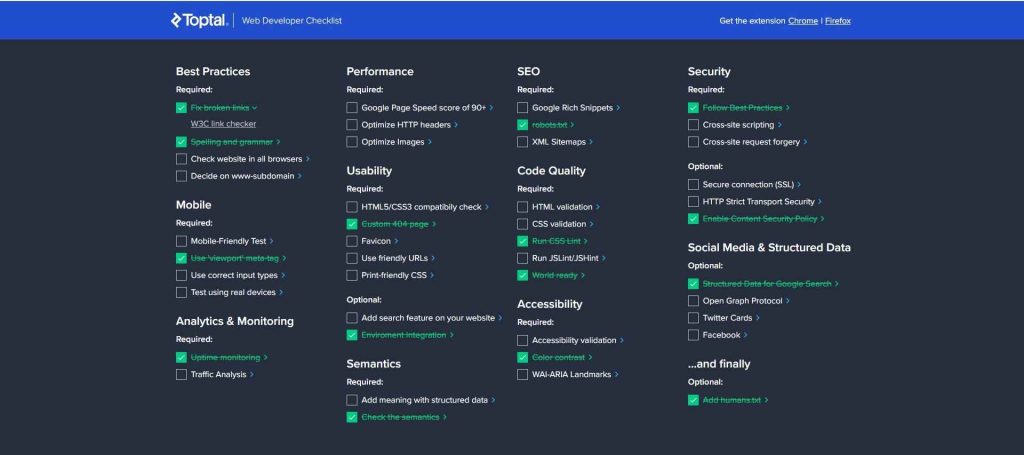 Toptal web developer checklist