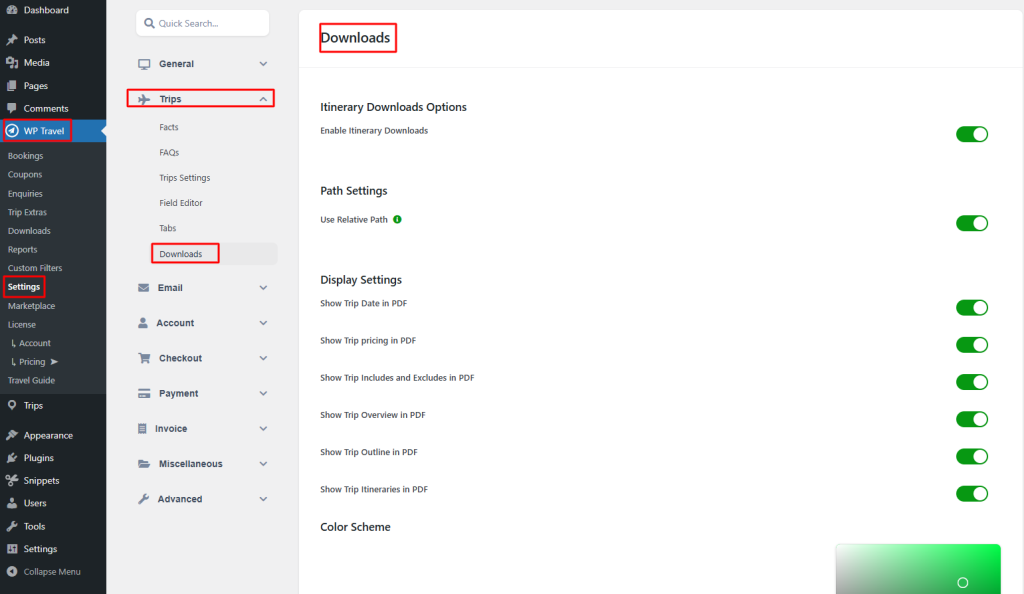 WP Travel Pro downloads settings page showing itinerary PDF download options
