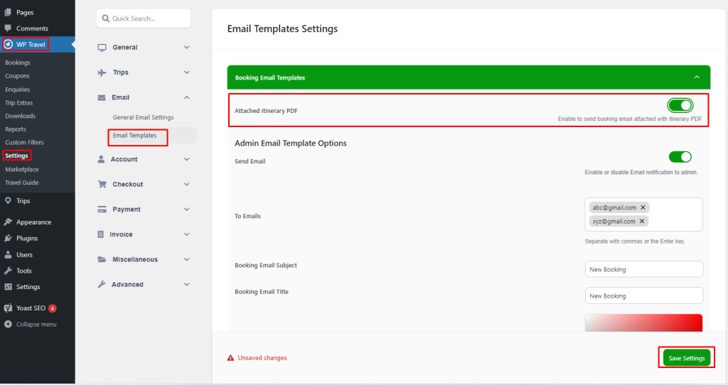 Enable Attached itinerary PDF option