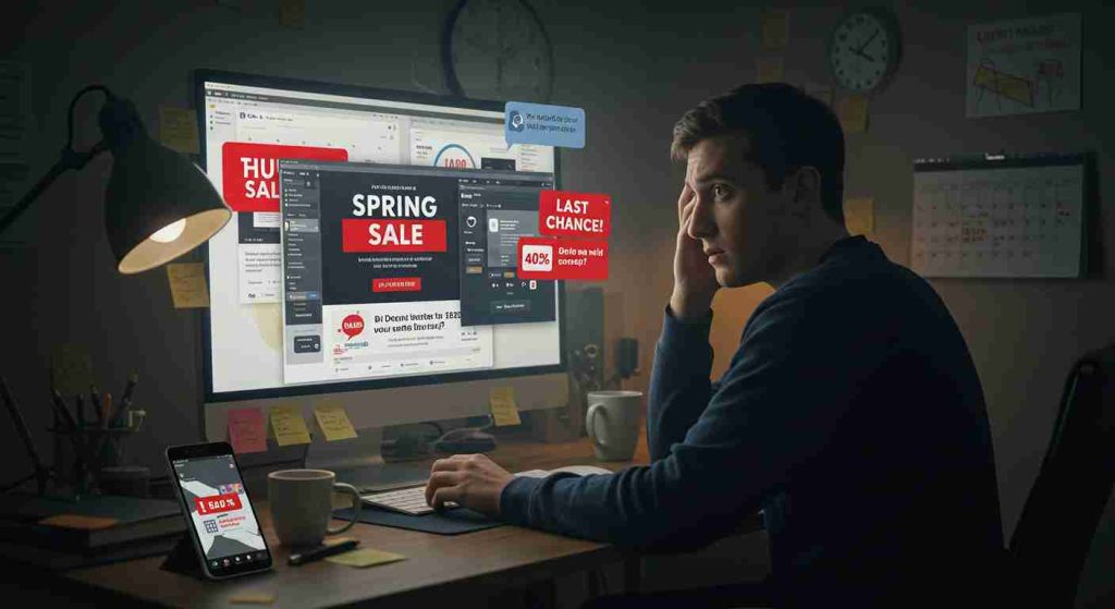 An anxious person overwhelmed by spring WordPress deals on laptop screen, illustrating FOMO during seasonal plugin and theme sales.