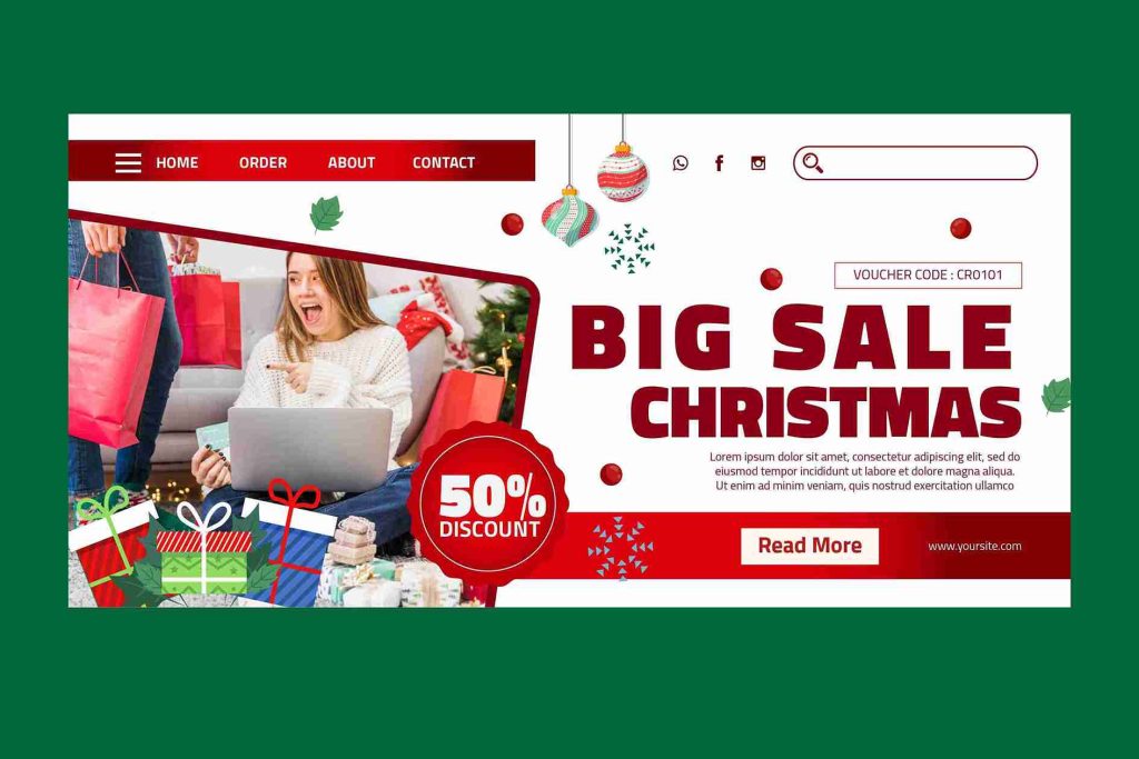 Christmas major sale events banner with 50% discounts with โRead Moreโ button..