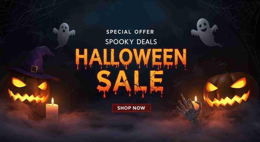 Halloween major sale events banner with pumpkins, ghosts, and spooky decor with "Shop Now" button.