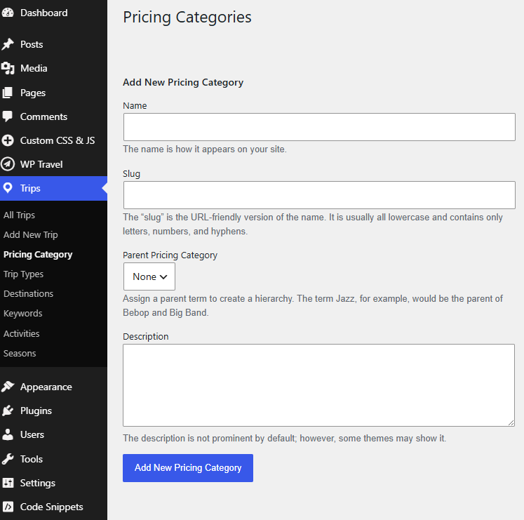 WP Travel Add New Pricing Category form