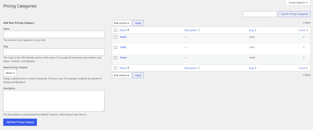 WP Travel pricing categories list showing Adult, Child, and Infant