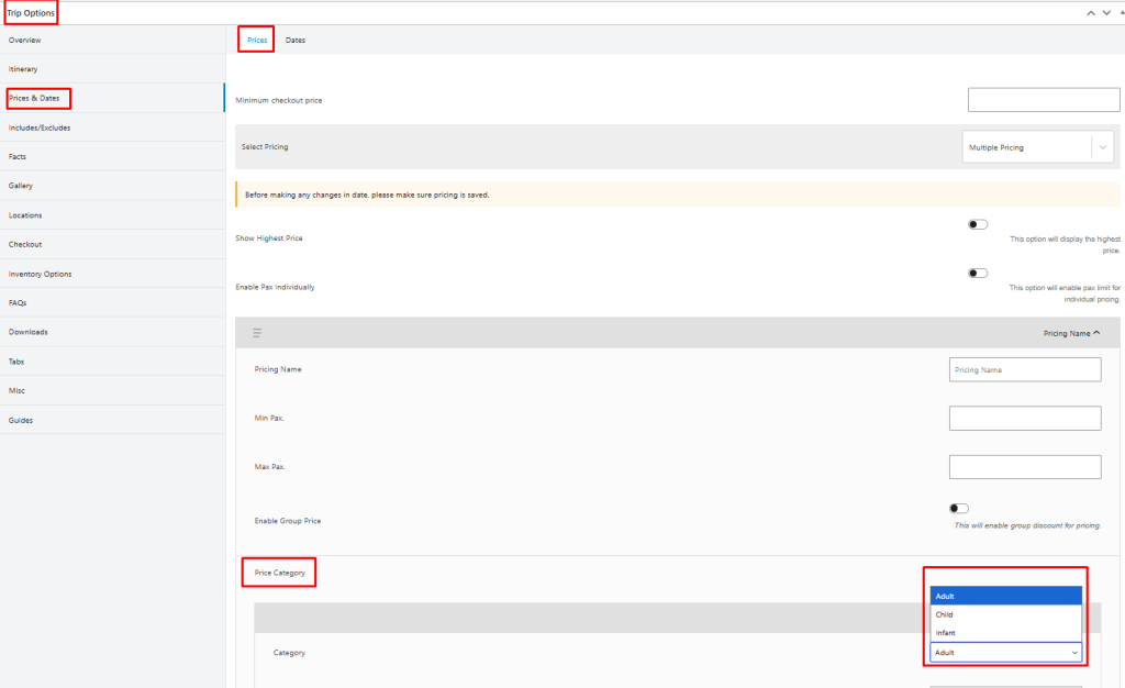 WP Travel Price Category dropdown in trip pricing settings