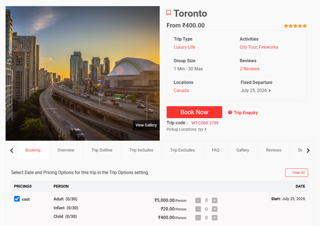 Toronto trip booking page showing Adult, Infant, and Child pricing categories