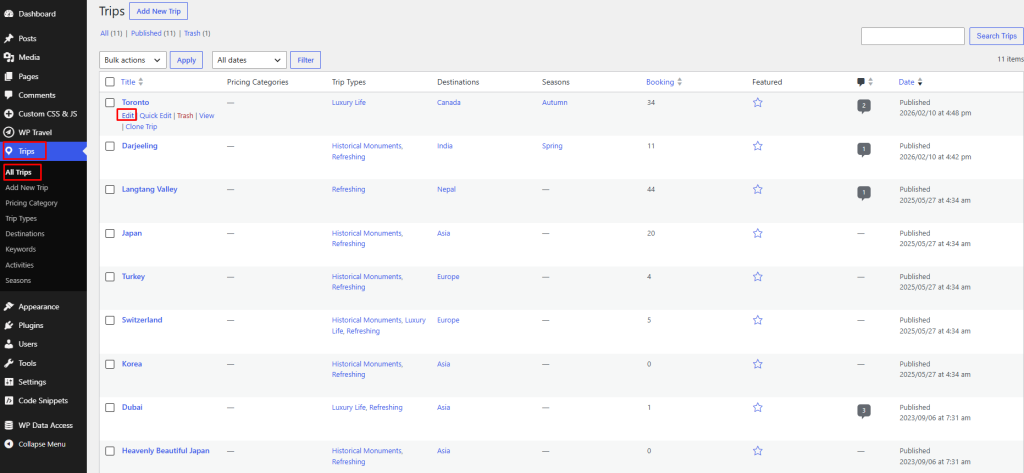 WP Travel Trips list with the Toronto trip Edit option highlighted