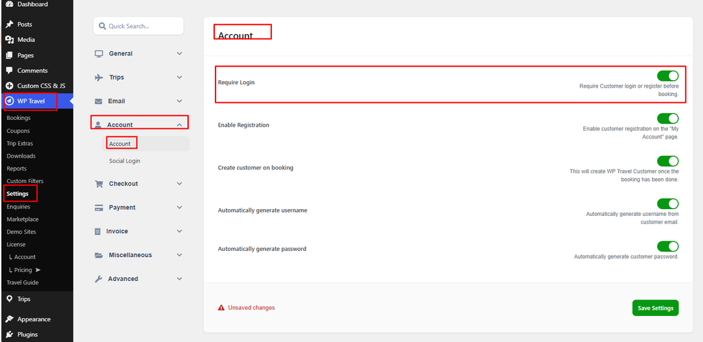 WP Travel Account Settings showing the Require Login option enabled